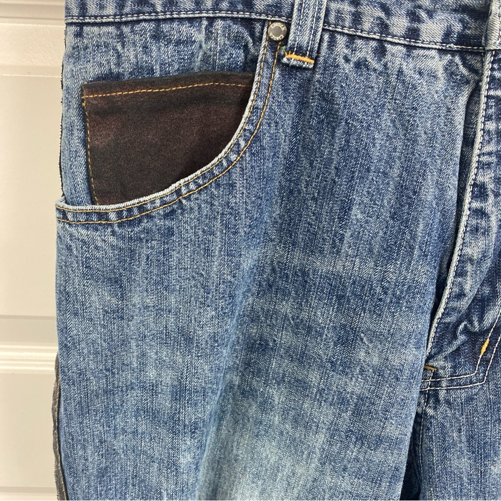 Clench Jeans Mens Y2K Jeans 36x32 Denim Grunge  Hip Hop Suede Stipe 2 Tone Patch - Picture 2 of 10